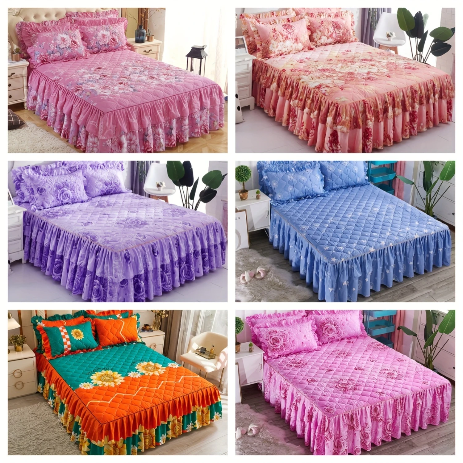 

3pcs Flower Printed Macrame Bed Skirt Set - Non-Slip, Skin-Friendly, and Machine Washable - Includes 1 Bed Skirt and 2 Pillowcas