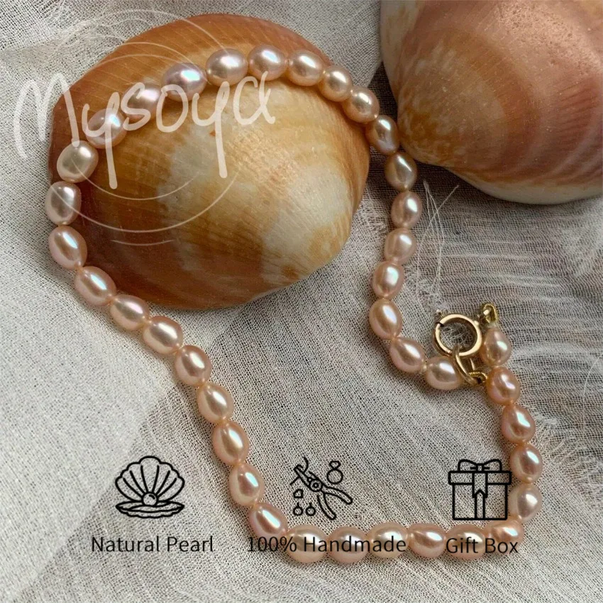 

MYSOYA 7-8 мм жемчужное ожерелье в форме розового риса разных размеров с подарочной коробкой идеальный подарок на свадьбу, день рождения, Рождество, Новый год