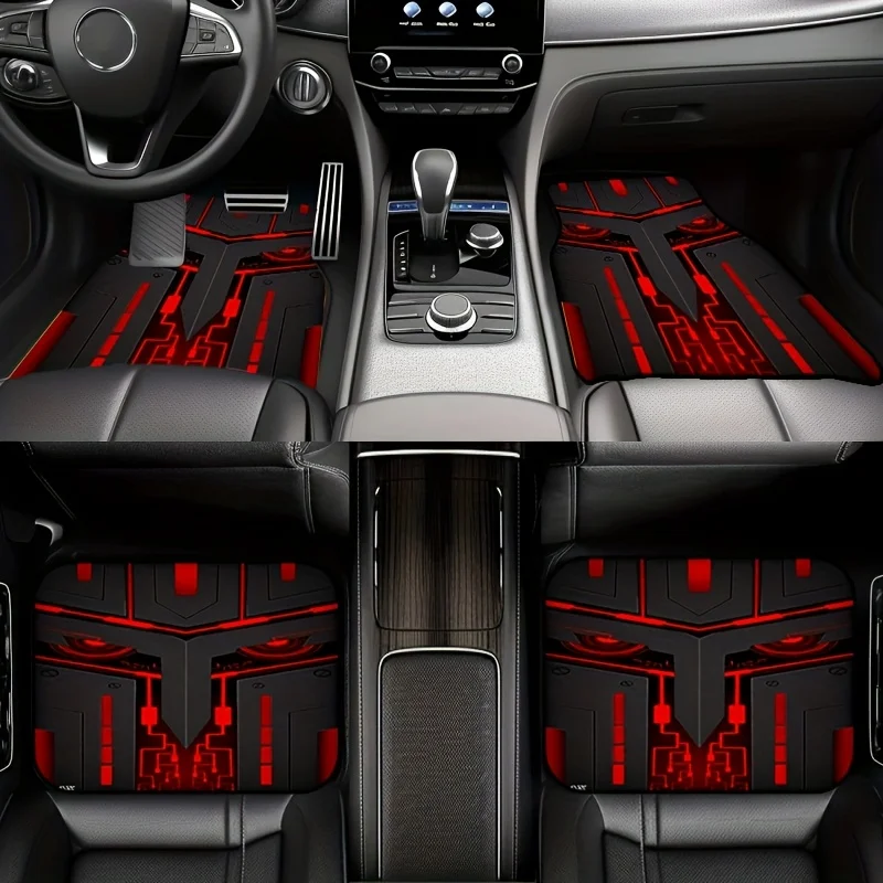 4pcs Red And Black Cyber Mecha Style Car Mats, Hardcore Trendy Wear-Resistant Non-Slip Universal Floor Mats, Vehicle Protection