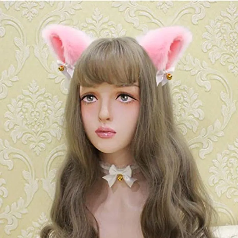 Sexy Cat Ears Headband Necklace Set for Women Girls Lace Bow Plush Bell Hairband Cosplay Masquerade Costume Hair Accessories