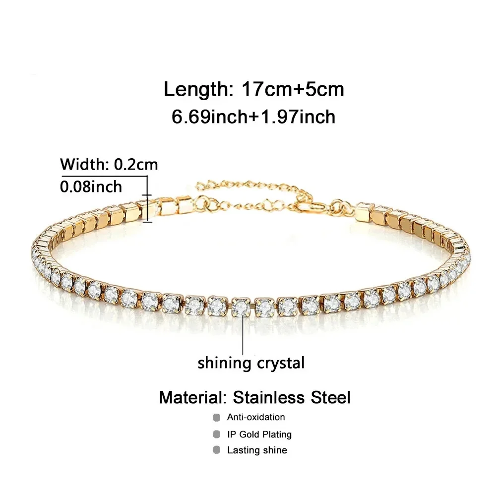 2mm Dainty Iced Out Tennis Chain Bracelets Female Gold Color Stainless Steel Cubic Zirconia Hand Chain for Women Jewelry Gift