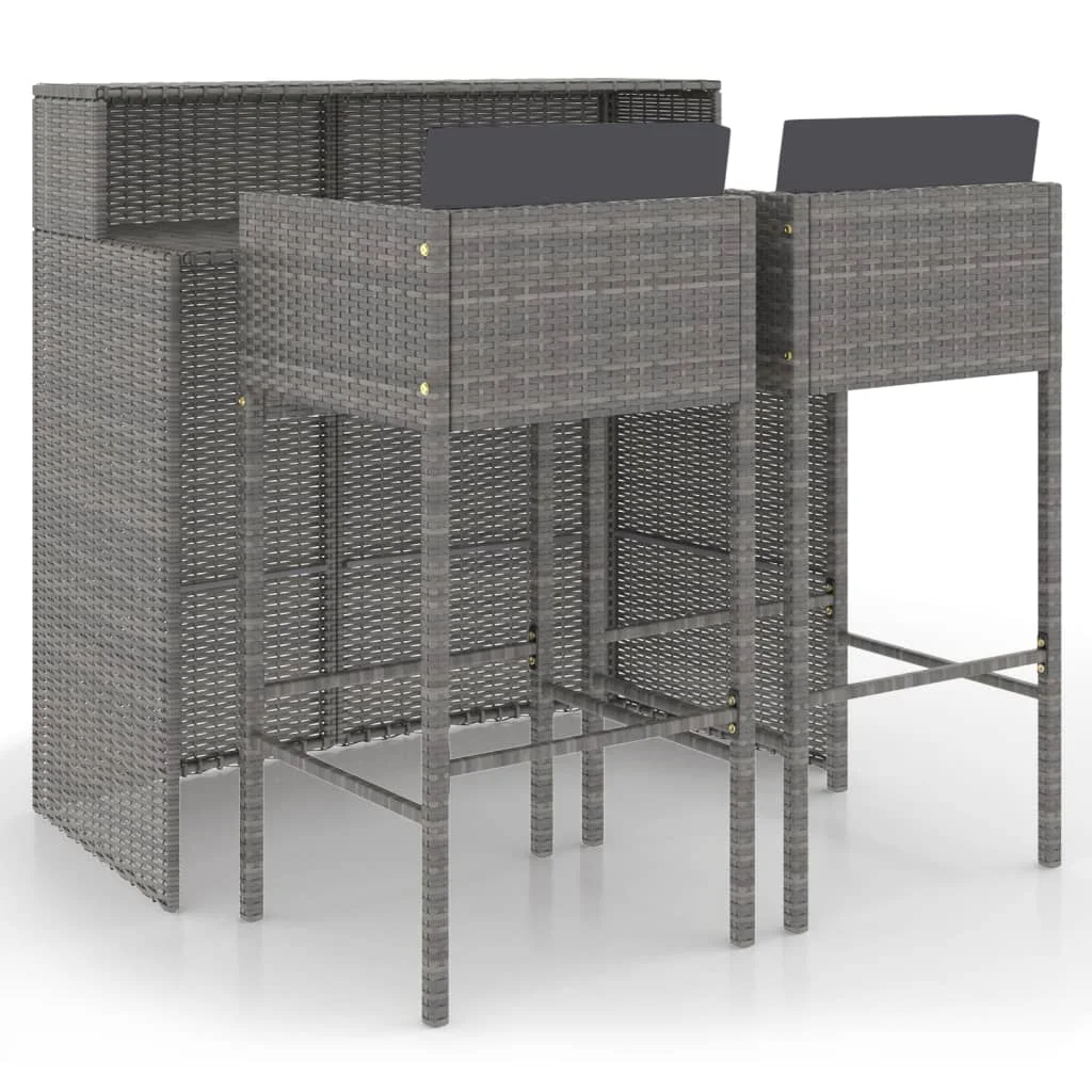 vidaXL 3 Piece Patio Bar Set with Cushions Poly Rattan Gray  Bar furniture/bar furniture set