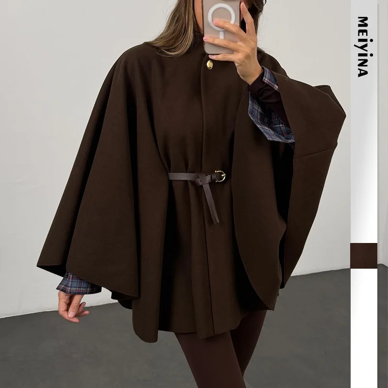

Elegant Solid Color Woolen Coat Women Temperament Fashion Belt Loose Cloak Coats Socialite Keep Warm Commuting Clothing Tops