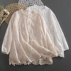 Spring Autumn Solid Hollow Out Embroidered Cotton Shirt Women Long Sleeve Casual Tops