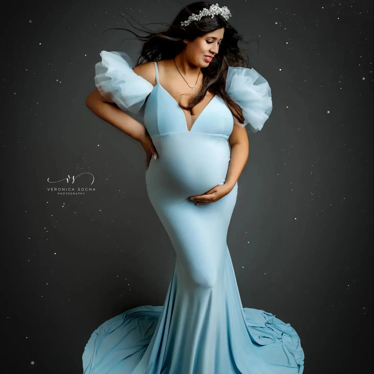 Sky Blue Mermaid Prom Dresses Women Pregnancy Maternity Photo Robes Vintage Sleeveless Vestidos Floor Length Baby Shower Gowns