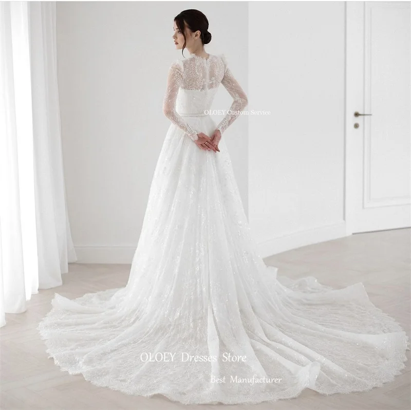 OLOEY Shiny Elegant Full Lace Wedding Dresses Long Sleeves O-Neck Buttons Train Dubai Arabic Bridal Gowns Robe de mariage 2023