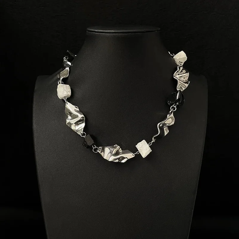 Abstract Crinkled Metal Geometric Necklace, Silver Tone Draped Chain White Black Resin Blocks Modern Avant-Garde Jewelry