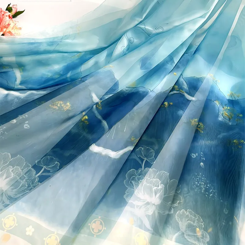 

100x150cm Chiffon Fabric Chinese Landscape Painting Hanfu Material Transparent Sewing Costume DIY Clothing Supplies