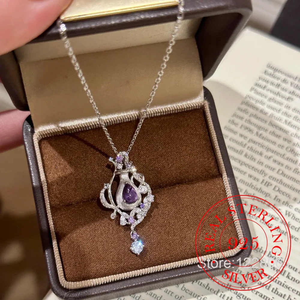 925 Sterling Silver Amethyst Perfume Bottle Magic Flask Pendant Necklace For Women Choker Chain Wedding Party Jewelry Gift