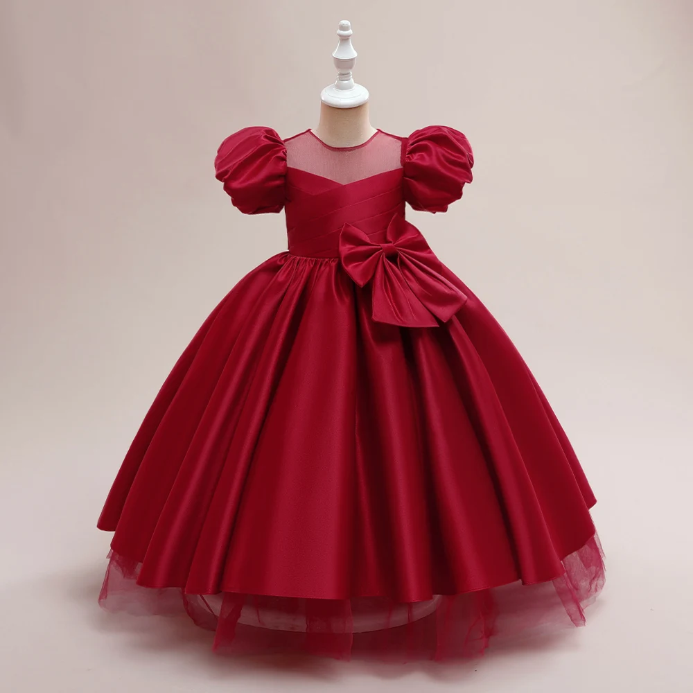 

Satin Big Bow Bridesmaid Girl Dresses Christmas Costume Summer Puff Sleeve Birthday Princess Dress Girls Wedding Graduation Gown