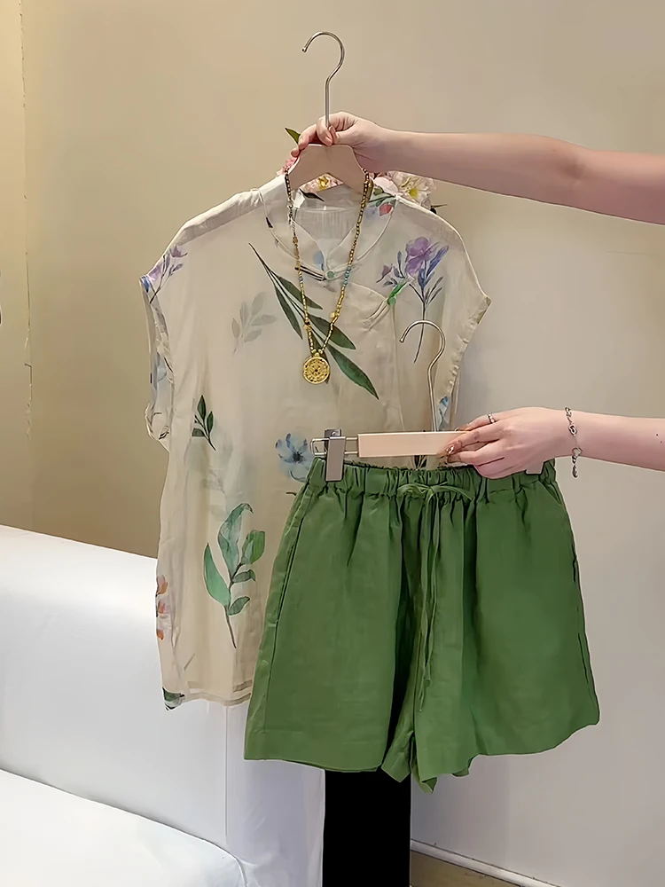 

Casual Versatile Chinese Print Top Shorts Two-Piece Set Women's Fashion Summer 2026 Polyester Fiber Anti-Wrinkle Polyester