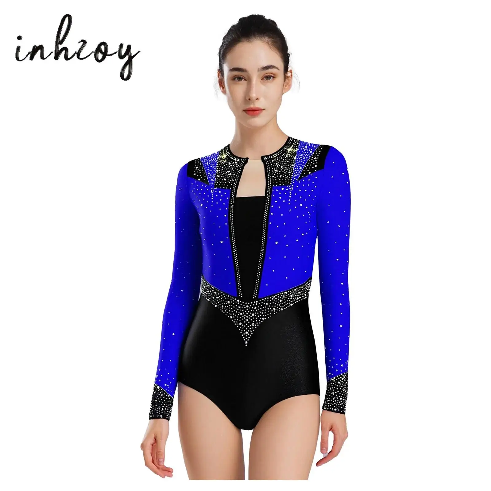 

Womens Ballet Gymnastics Leotard Shiny Rhinestones Back Hollow Long Sleeve Contrast Color Bodysuit Figure Skating Dance Costumes