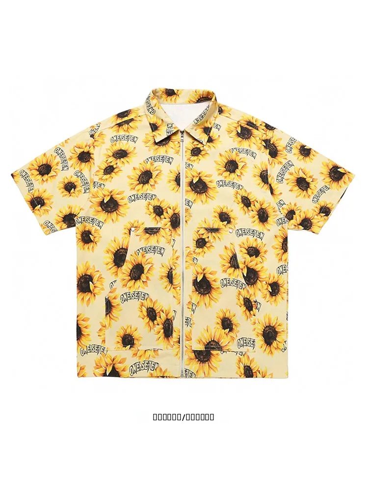 

Loose Fit Zipper Collar ort Sve Suower Print irt from Youth Summer Casual Wear for Couples Japanese Sle