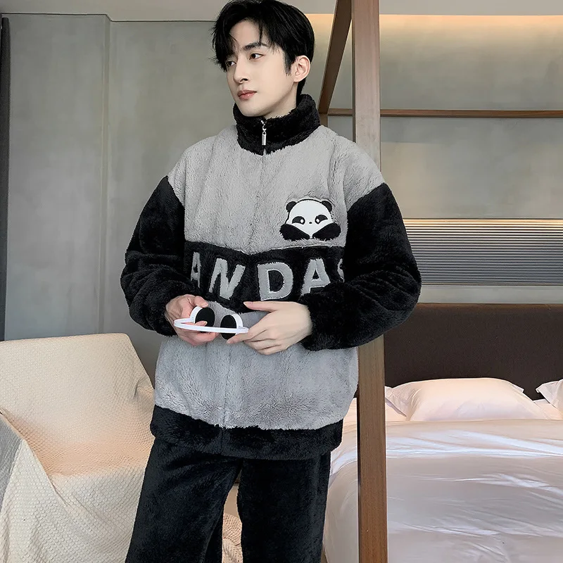 

L-5XL утолщенный фланелевой мужской пижамный комплект, зимняя теплая одежда для сна большого размера, молодежная одежда для сна на молнии из кораллового флиса, домашняя верхняя одежда