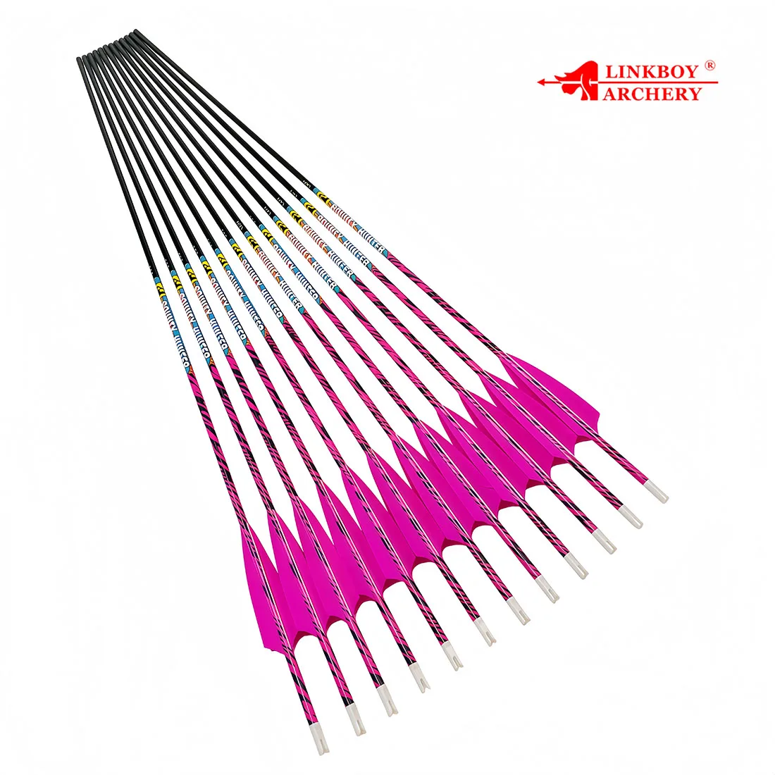 12pcs Linkboy Archery  Carbon Pink Arrows Spine 300 340 500 75gr Point Tips 4pcs 4inch Feather for Recurve Bow Hunting Shooting