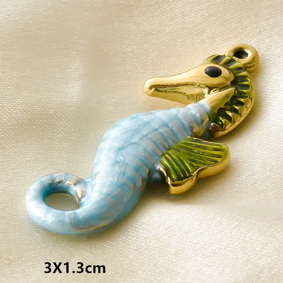 2/6 Stück echt vergoldete Anhänger mit Meeresmotiven, Emaille-Wellen, Seepferdchen, Schildkröte, Edelstahl-Charms für die Schmuckherstellung, Schlüsselanhänger, Großpackung – Detail 5