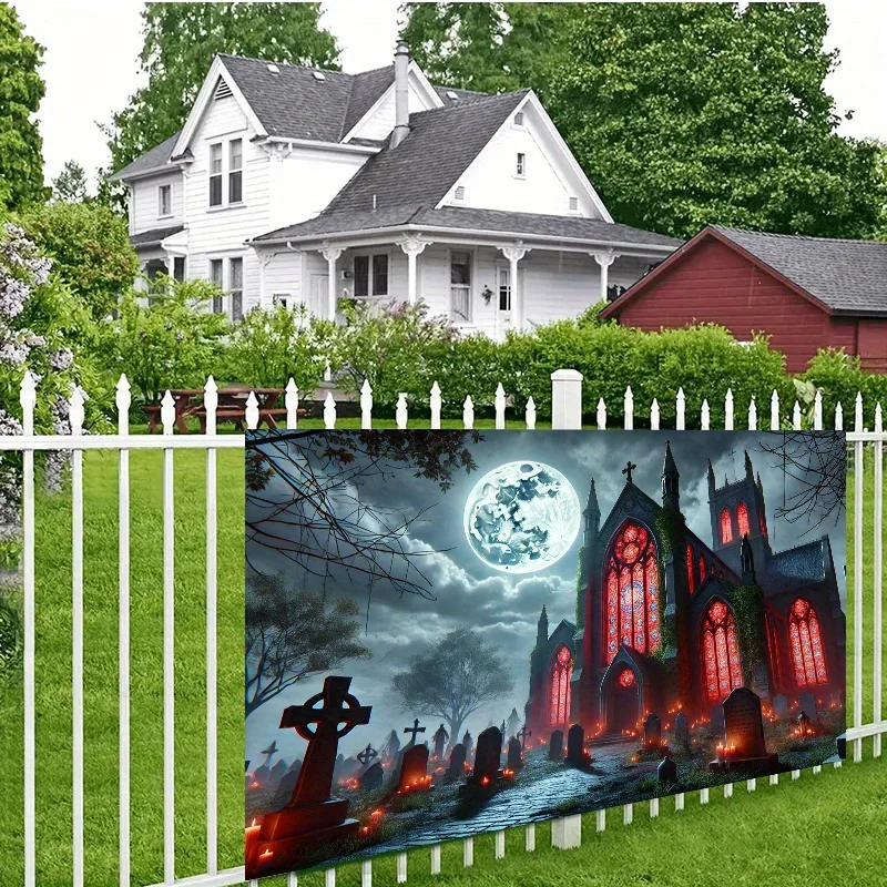 Gothic-style church in the haunted forest, with scenes of a moonlit haunted cemetery.PMJ