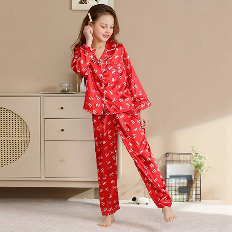 Christmas Pijamas Outfit Silk Casual Parent-child Wear Family Matching Satin Pajamas Set Dad Mom and Me Home Clothes Suit