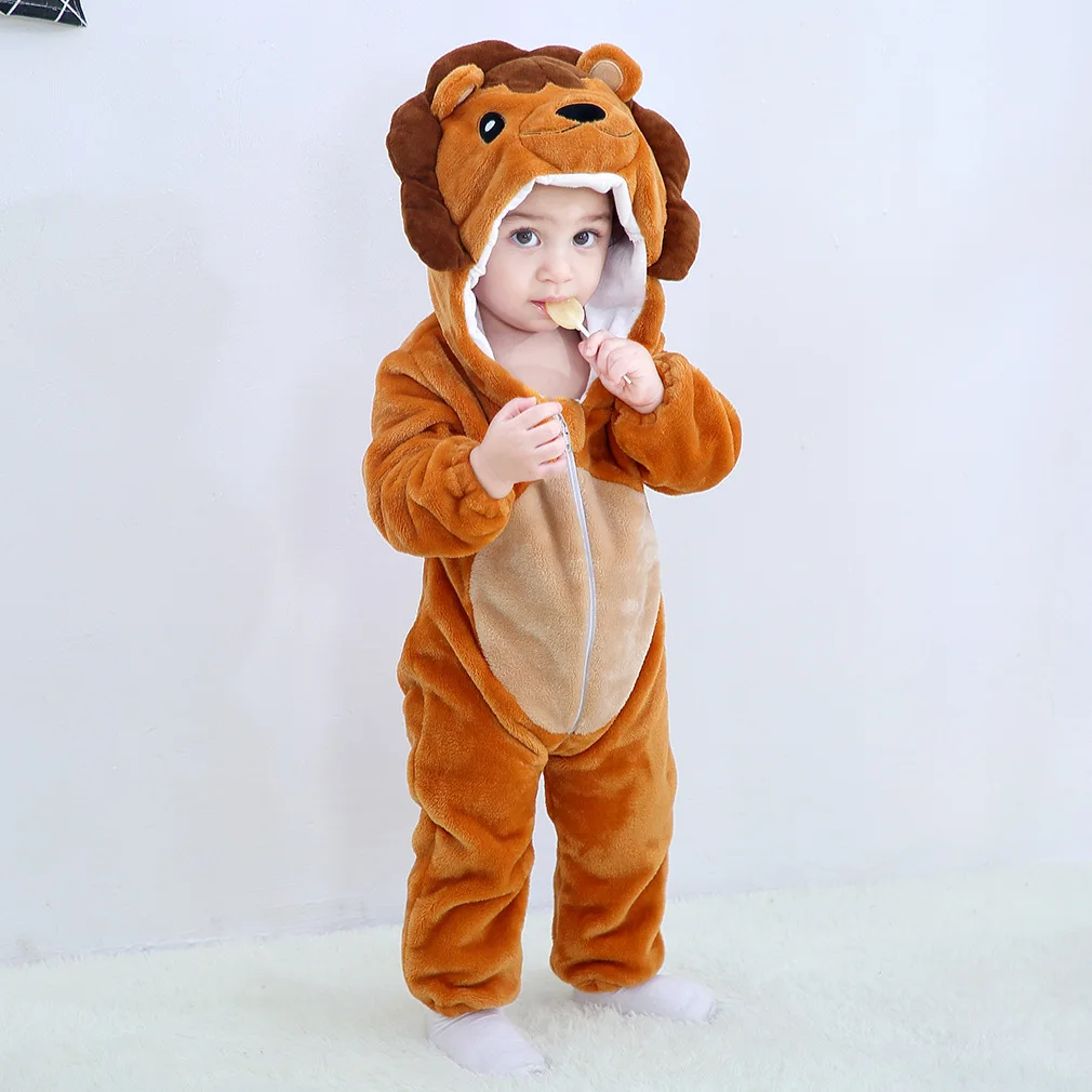 Pijama flanela Macacão de Bebê Dos Desenhos Animados do Inverno Leão/Tigre/raposa/panda Traje para Meninos Meninas Criança Animal Macacão Roupas Infantis