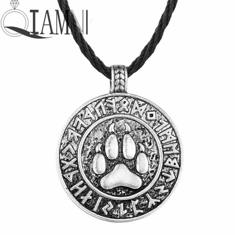 QIAMNI Antique Punk Veles Stamp Slavic Bird Dragon Sun Bear Wolf Round Charm Pendant Necklace Christmas Gift Men Women