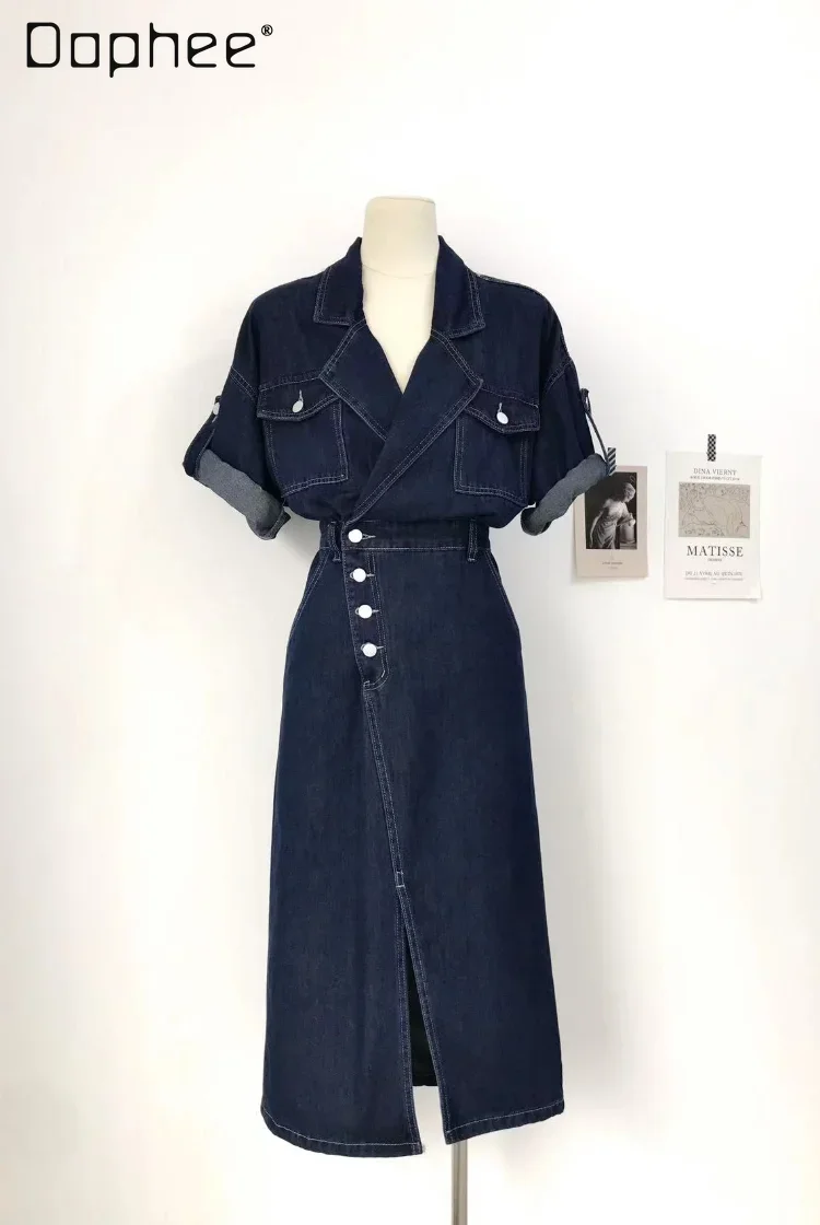 Women Denim Dress Turn Down Collar Rolled Short Sleeve Pockets Split Elastic Waist Midi Dress Korean Fashion Retro Commute