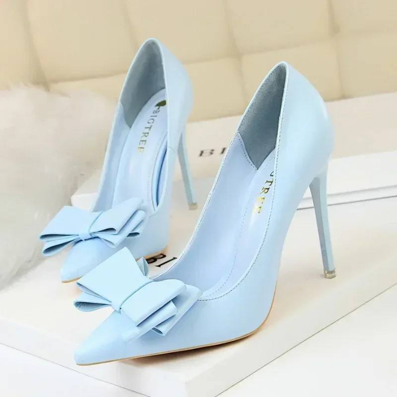 BIGTREE Shoes Black Classic Pumps PU Leather 10.5CM High Heels Stiletto Shoes Bow-knot Women Pumps Luxury Banquet Shoes Female