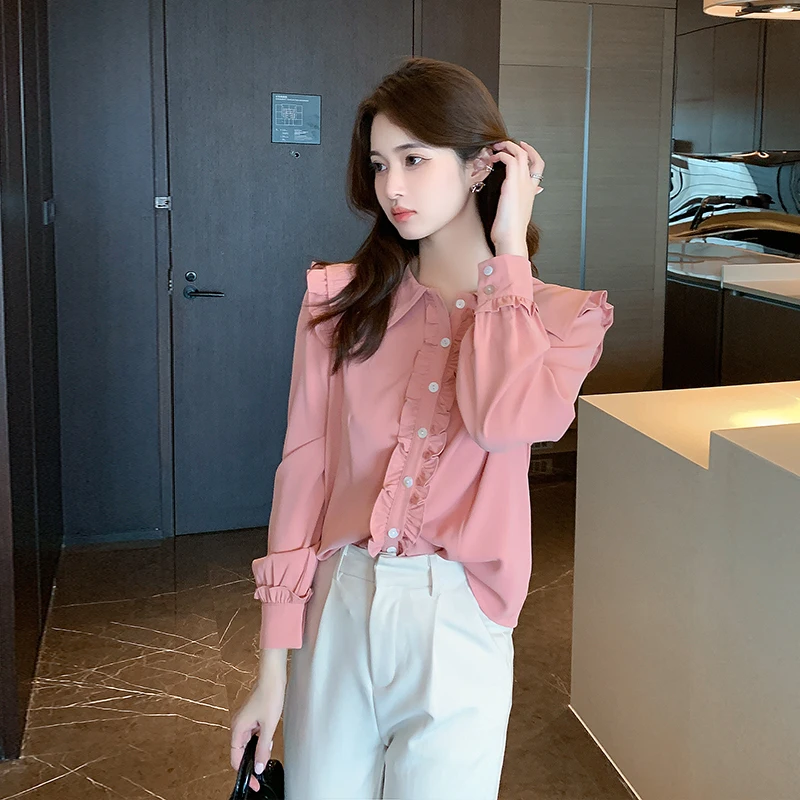 Women Blouse 2023 Spring New Sweet Retro Navy Collar Single-breasted Wood Ear Shirt Female Solid Color Bottoming Shirt Top