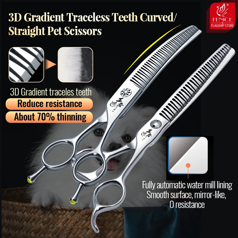 

Fenice VG10 Steel 7Inch 3D Gradient Traceless Dog Grooming Straight/Curved Chunker Scissors Bearing Screws Pet Scissors 70% Rate