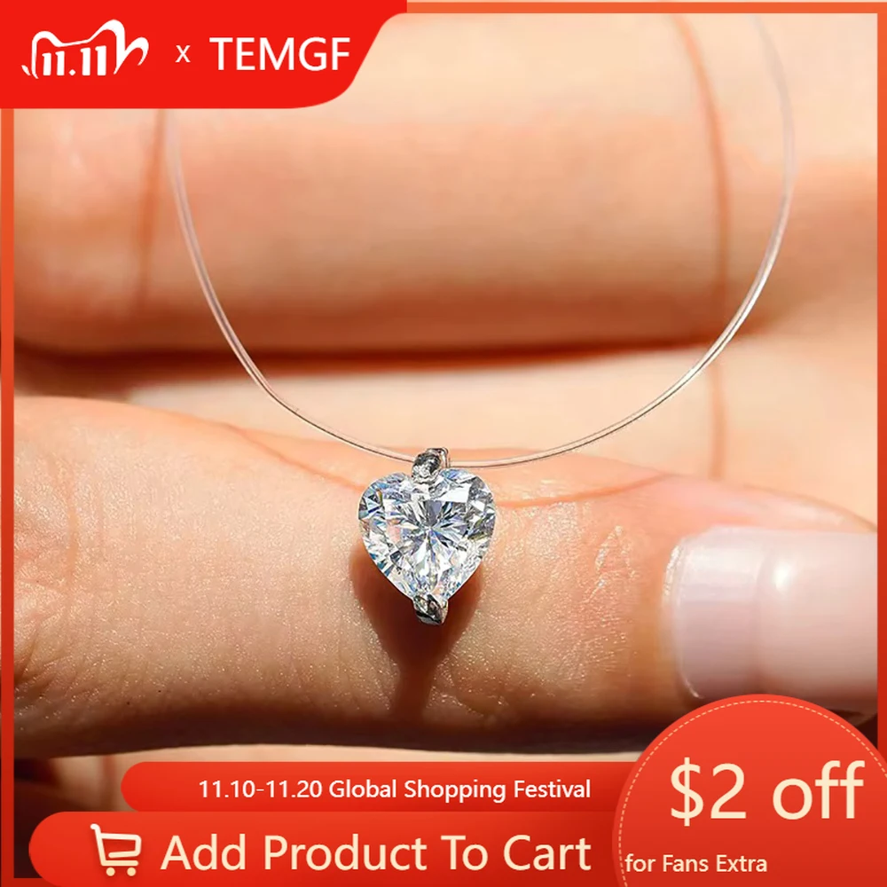 

TEMGF 6.5mm Moissanite Pendant Necklaces Invisible Transparent Fishing Line for Women Girls Simple Fine Jewelry Gifts With GRA