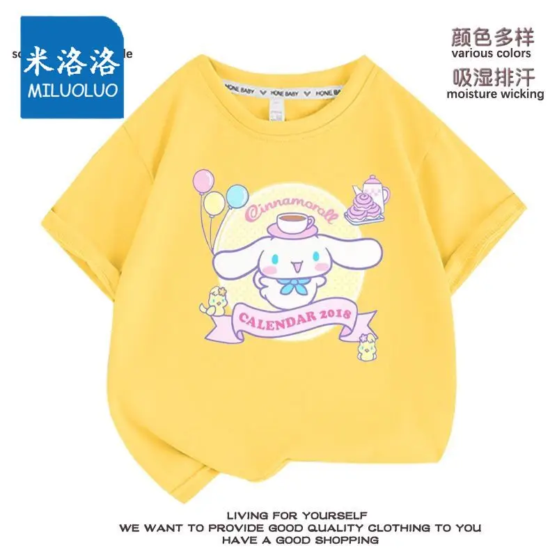 Sanrioed Cinnamoroll camiseta de algodão de manga curta para meninos e meninas, desenhos animados meio tops, roupas absorventes de suor, roupas infantis, presente de verão