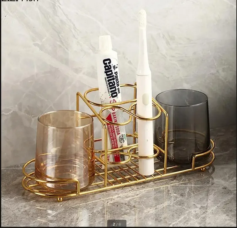 

Creative Glass Mouthwash Cup Set Free Perforated Metal Rack Toothbrush and Cup Wall Storage Rack Home Bathroom Accessories Set