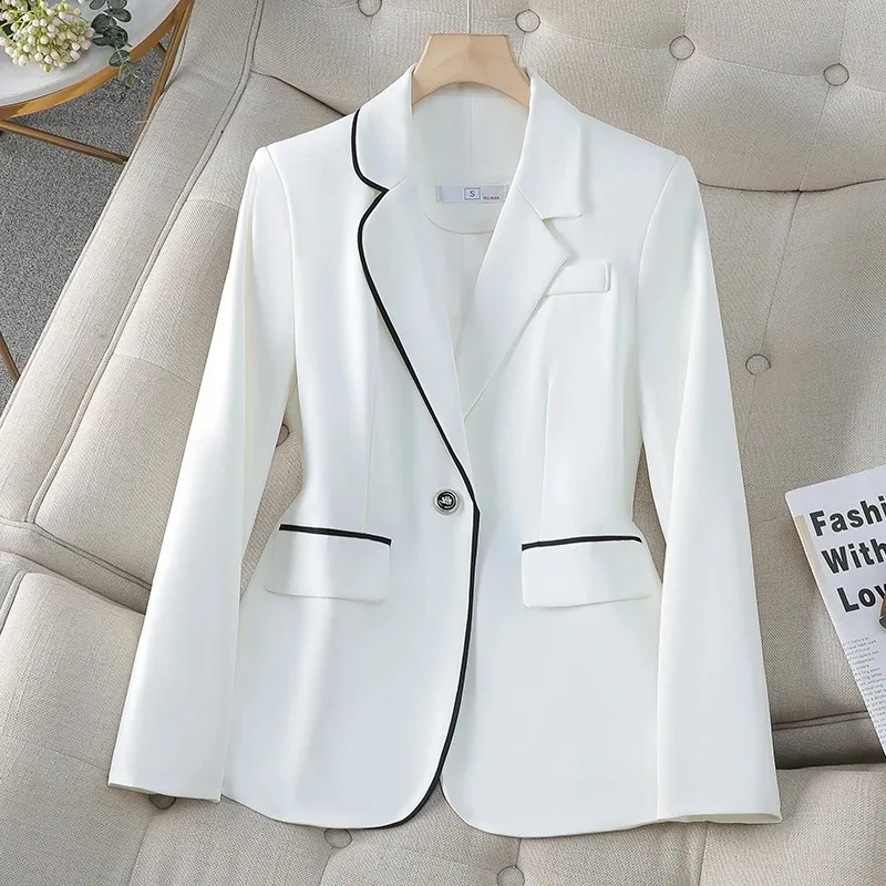 2023 Spring Autumn Rose Red Patchwork Slim Long Sleeve Black Blazer Coat New White Business Women Work Suit Jackets Korean Trend