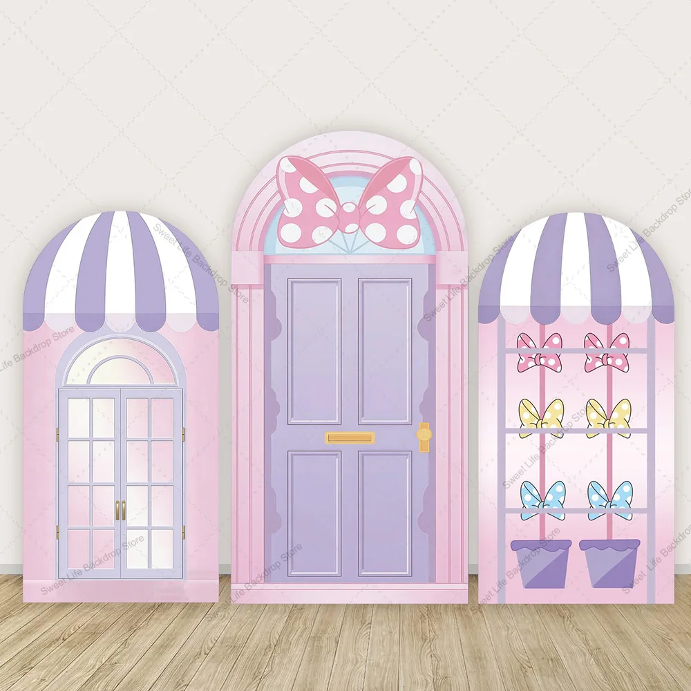 Toile de fond murale pour photos, motif maison rose de dessin animé, avec arche, nœud à pois mignon, pour baby shower, fête d'anniversaire de filles princesse