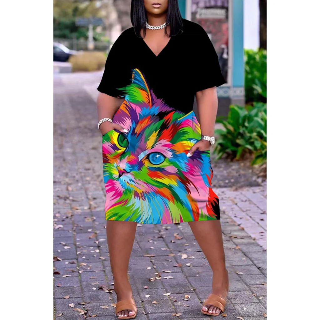 Abito estivo bohémien allentato Stampa 3D Moda Donna Abiti a maniche corte Ragazza al ginocchio Boho con scollo a V Abito da spiaggia allentato da donna