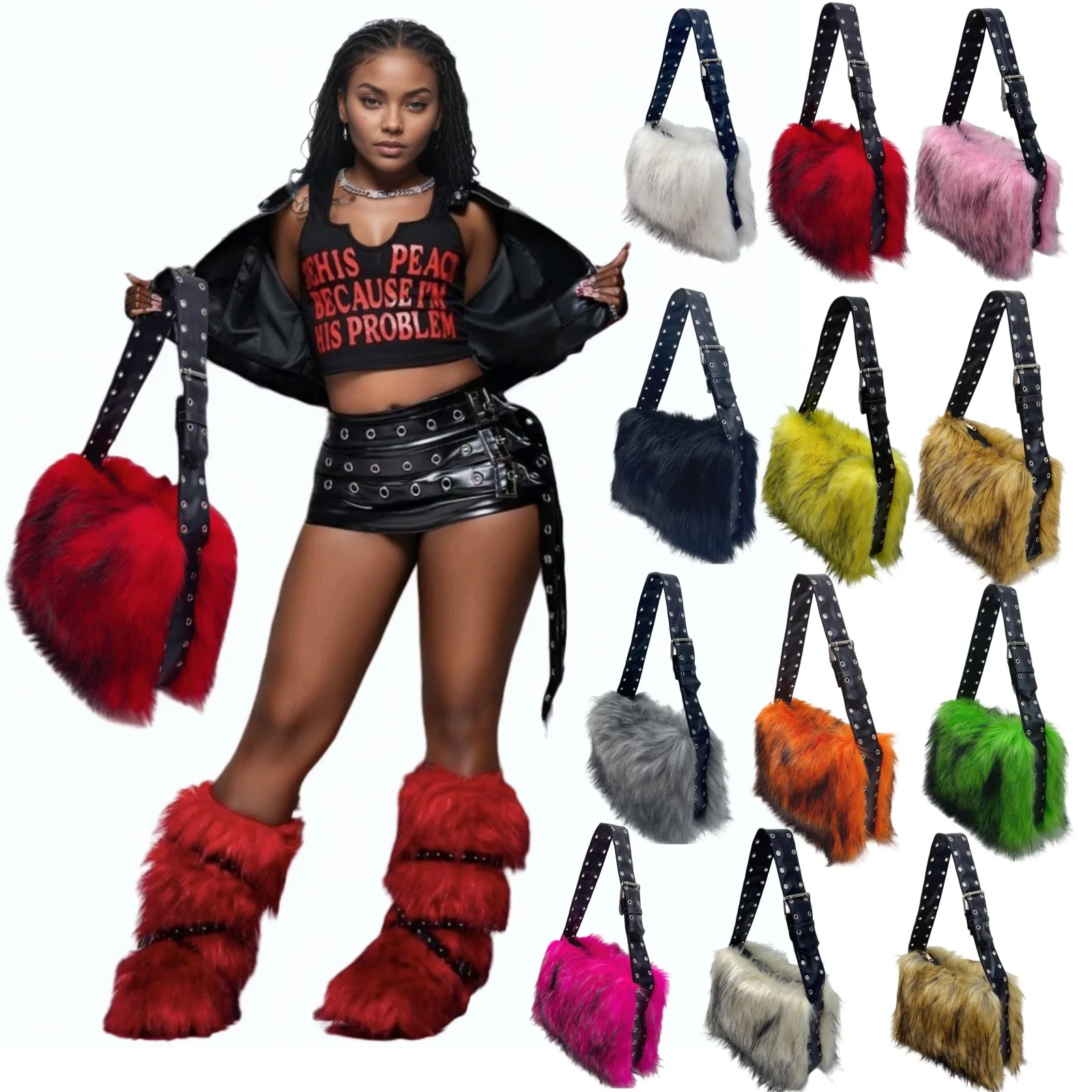 Y2K fox faux fur women's bag shoulder-slung crossbody large capacity motorcycle-style plush bag