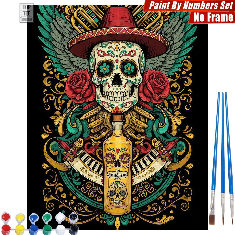 Kit de pintura digital al óleo con diseño de calavera sonriente y botella de vino con rosas - Actividades relajantes - Regalo para el Día de la Madre