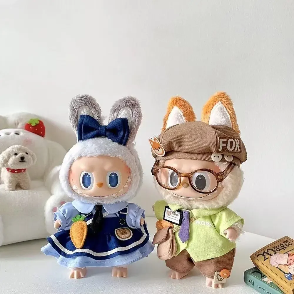 Für 17 cm Labubu Anhänger Puppe Kleidung Fuchs Kaninchen Kopfbedeckung Kawaii Cosplay Kostüm Outfit Set Mode Puppe Zubehör Geschenke
