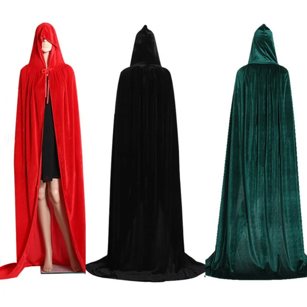 Fashion Velvet Cloak for Women Men Solid Color Hooded Vampire Cape for Halloween Cosplay Party