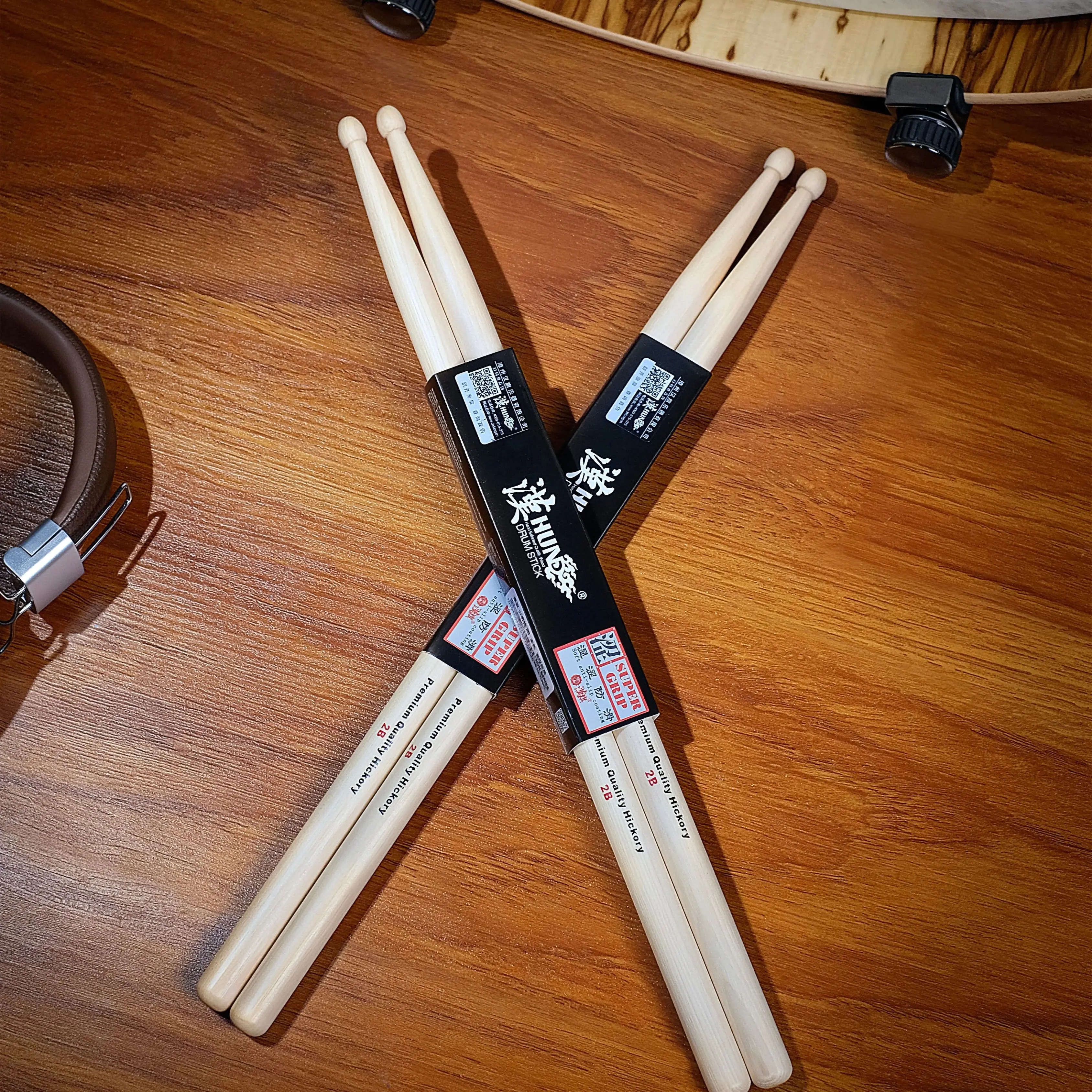 HUN 2B American Hickory Drumsticks 2 Pairs Acorn Wood Tip Weight Matched Heavy Hitting Rock