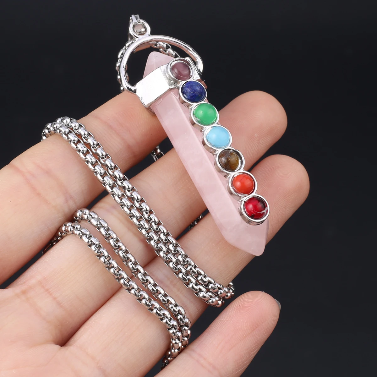 54x13mm Natural Stone Crystal Quartz Agate Hexagonal Pyramid Seven Chakra Pendant Necklace Stainless Steel 60 Cm Jewelry Gifts