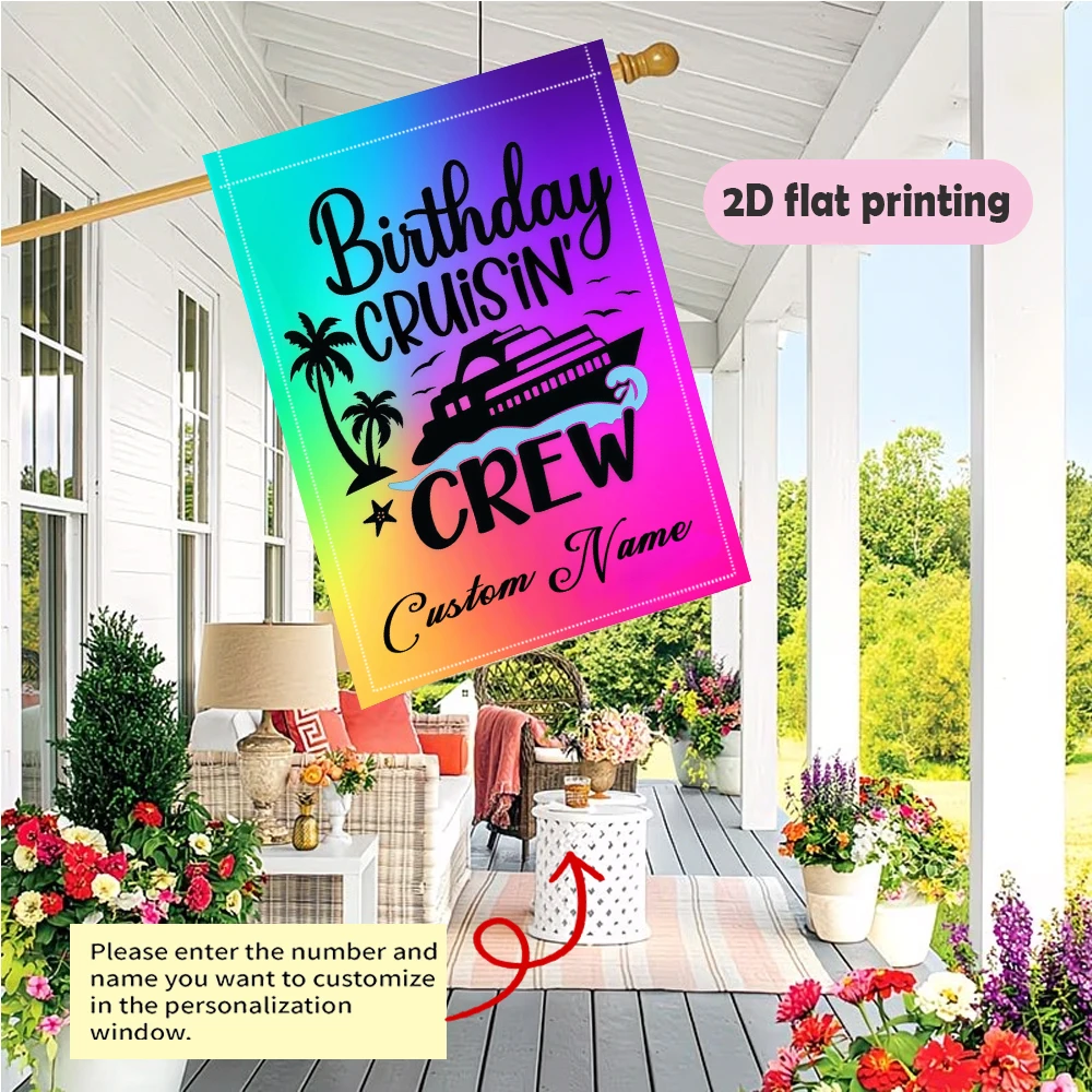 Garden Flag Custom Name Birthday Cruise Crew Flag With A Ship Silhouette And Palm Trees Durable Outdoor Flag