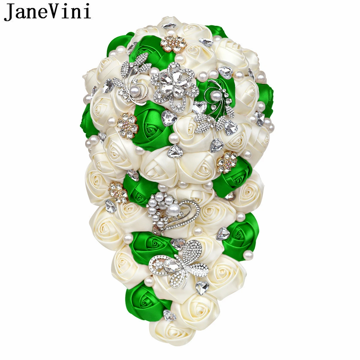 

JaneVini Gorgeous Cascading Pearl Bouquet for Wedding Bride Crystal Diamond Waterfall Bridal Bouquets Emerald Green Blumenstrauß