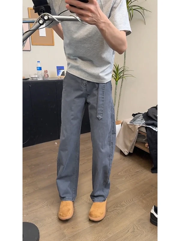 

Retro American ey Waed Straight Leg Men's Jeans with Belt Workwear Slimming Trousers High Waist Denim Summer Faion