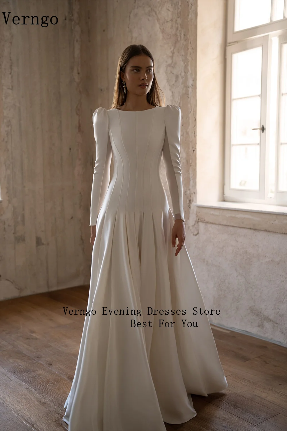 فستان سهرة من الساتان من Verngo lvory برقبة قارب وأكمام طويلة على شكل حرف A فساتين مناسبة رسمية أنيقة فستان حفلات ماكسي مخصص #2