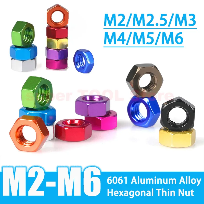 

10Pcs Aluminum Hex Thin Nut M2 M2.5 M3 M4 M5 M6 Fine Thread Anodized Color Flat Hexagon Nut Colored Oxidation Hardware Fasteners