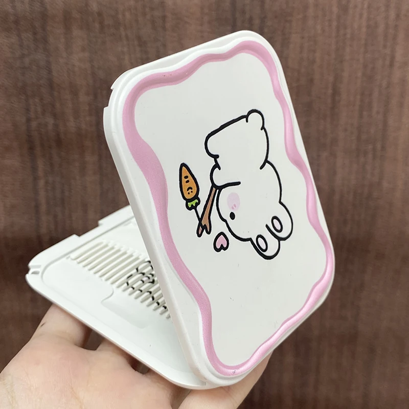 Cartoon Cute Rabbit Folding Clamshell Mirror Makeup Mirror With Comb Portable Creative For Women Girls Handheld Mirror