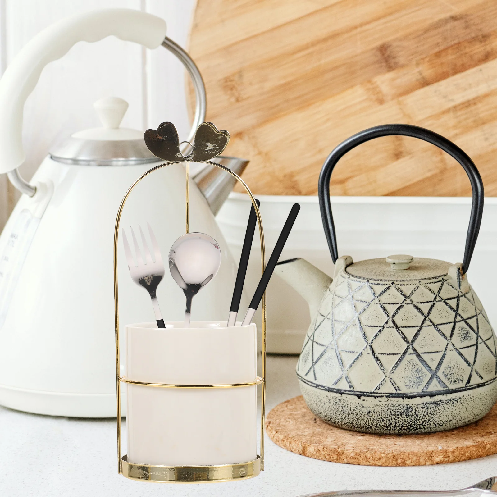 

Ceramic Metal Kitchen Desktop Holder Dessert Supply Utensil Organizer for Countertop Spoon Fork Holder Elegant Design Easy Clean