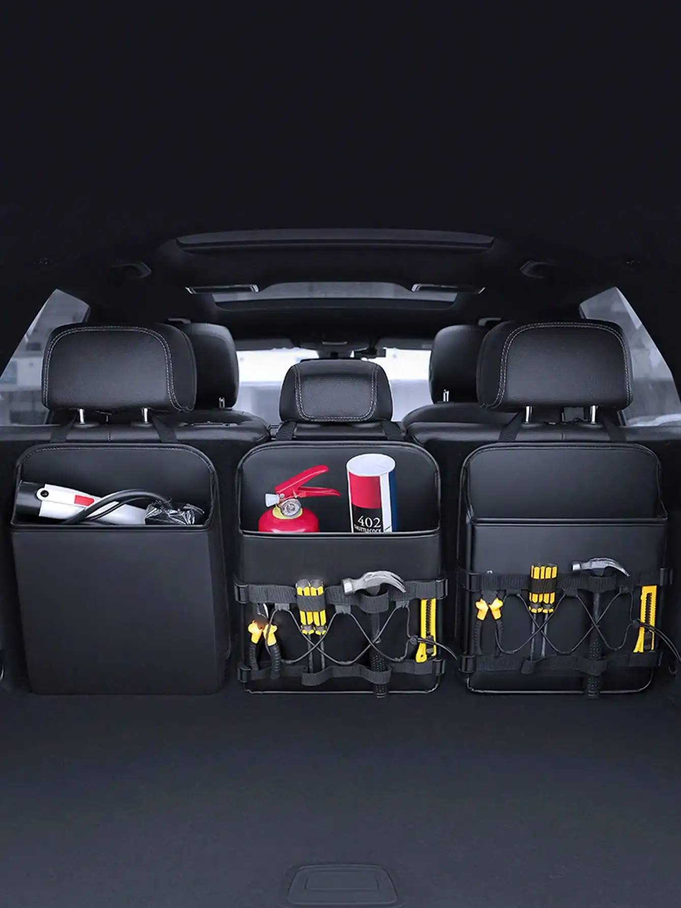 

Car Rear Seat Hanging Storage Bag – Heavy-Duty Durable Fabric, Multi-Functional Trunk Organizer (with Tool Pockets)