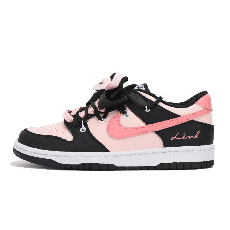

[Custom Women's Bow 2]Nike Dunk Low Low-Top Skateboard Shoes GS Black Pink