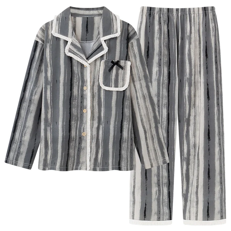 Fashion bow pattern home clothes modal cotton pajamas set for female spring autumn lapel v neck cardigan women sleepwear M-4XL